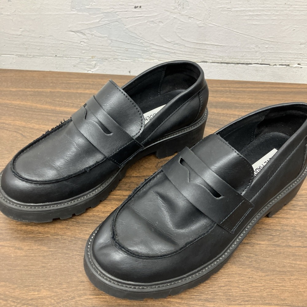 Womens Shoes-STEVE MADDEN-black faux leather "Lotto" lug sole chunky loafer-6.5